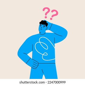 Men in thoughts, pondering, wondering. Uncertain confused persons. Colorful vector illustration