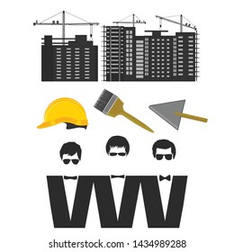 Men, three symbolic elegant images, building with cranes, helmet, trowel, paint brush - isolated on white background - vector. Happy Labor Day. Builder's Day.