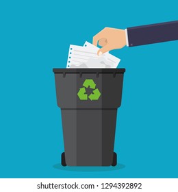 Men throw paper trash in trash cans, recycle icon, flat design vector illustration