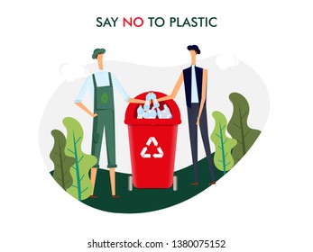 Men throw plastic bottle in recycle bin for Pollution problem concept. 