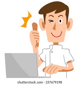 Men with thumbs up in front of the computer wearing a white coat