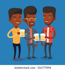 Men toasting and clinking glasses of beer. An african-american men clanging glasses of beer. Group of friends enjoying a beer at pub. Vector flat design illustration. Square layout.