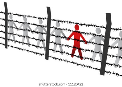 Men together behind the thorny wire