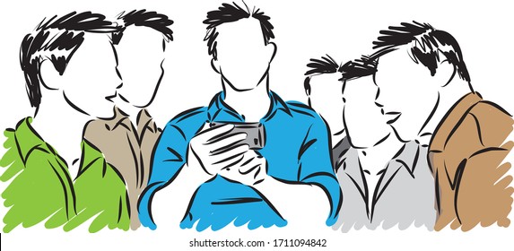 men together looking at cellphone vector illustration