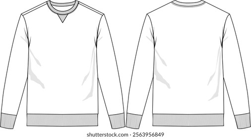 Men top crew neck, rib neckline with v insert, long sleeve with rib cuff sleeve and bottom rib band, front and back view, vector sketches