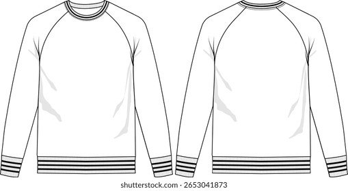 Men top crew neck, rib neckline, long sleeve with rib cuff sleeve and bottom hem, black and white yarn dye rib at bottom hem and neck, front and back view, vector sketches