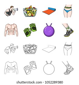 Men torso, gymnastic gloves, jumping ball, sneakers. Fitnes set collection icons in cartoon,outline style vector symbol stock illustration web.