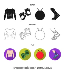 Men torso, gymnastic gloves, jumping ball, sneakers. Fitnes set collection icons in black,flat,outline style vector symbol stock illustration web.