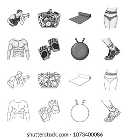Men torso, gymnastic gloves, jumping ball, sneakers. Fitnes set collection icons in outline,monochrome style vector symbol stock illustration web.