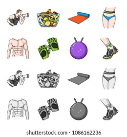 Men torso, gymnastic gloves, jumping ball, sneakers. Fitness set collection icons in cartoon, monochrome style vector symbol stock illustration web.