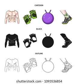 Men torso, gymnastic gloves, jumping ball, sneakers. Fitnes set collection icons in cartoon,black,outline style vector symbol stock illustration web.