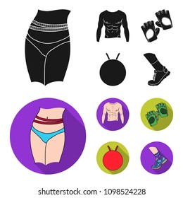 Men torso, gymnastic gloves, jumping ball, sneakers. Fitnes set collection icons in black, flat style vector symbol stock illustration web.