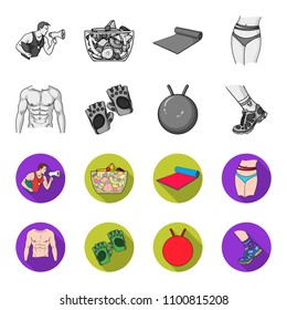 Men torso, gymnastic gloves, jumping ball, sneakers. Fitnes set collection icons in monochrome,flat style vector symbol stock illustration web.