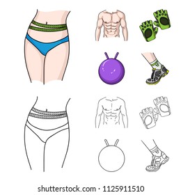Men torso, gymnastic gloves, jumping ball, sneakers. Fitnes set collection icons in cartoon,outline style vector symbol stock illustration web.