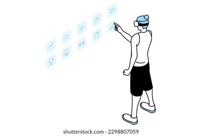 Men touching the menu icon in the air, VR fitness app, wearing VR goggles, Vector Illustration