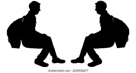 Men tourists sit opposite each other. Chatting tourists. Hiking. Hiking tourist. The guy with a backpack behind his back sat down, resting. Side view, profile. Two black silhouettes isolated on white