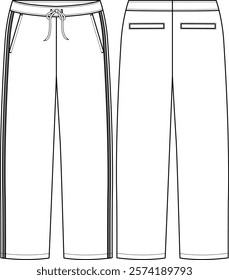 Men tracksuit trouser with contrast piping on each side, drawstring at waistband, hand welt pockets at front and back, wide leg, sketch front and back, vectors