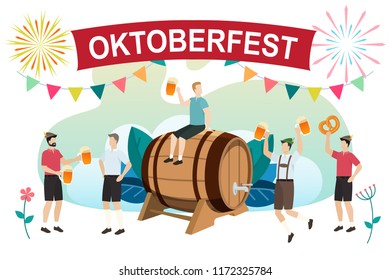 Men in traditional Bavarian clothes celebrate beer festival Oktoberfest. Friends in tracht and lederhosen have fun at the Oktoberfest. Vector