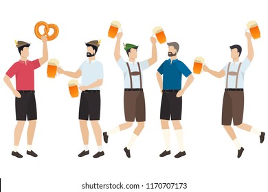 Men in traditional Bavarian tracht and lederhosen with beer in pretzels celebrate beer festival Oktoberfest. Vector