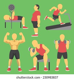 Men training in gym and bodybuilding icons flat style design set. Creative graphic design elements. Isolated on green background.