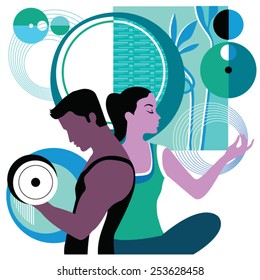 Men training with weights,woman meditating