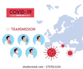 Men transmission and world map design of Covid 19 virus theme Vector illustration