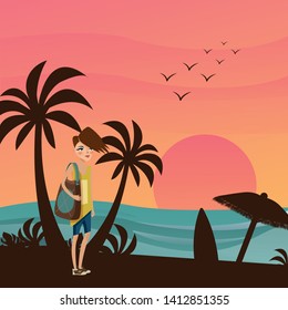 Men travel to the sea alone on holiday. Vector illustration