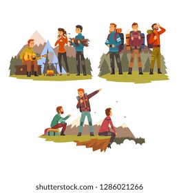 Men travelling together, camping people, tourists hiking in mountains, backpacking trip or expedition vector Illustration