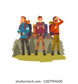 Men travelling together, camping people, backpacking trip or expedition vector Illustration