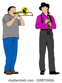 Men with trombone and clarinet at concert. Isolated silhouettes of musicians on white background