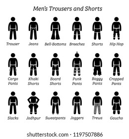 Men trousers, pant and shorts. Stick figures depict a set of different types of trousers, pants, and shorts. This fashion clothings design are wear by men or male.