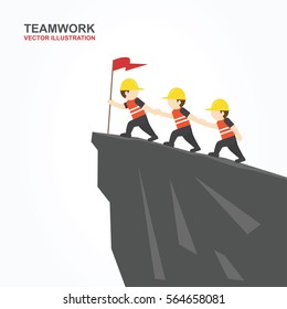 Men try to help their friend to climb the cliff. Vector illustration.