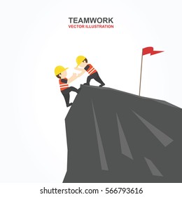 Men try to help their friend to climb the cliff. Vector illustration.