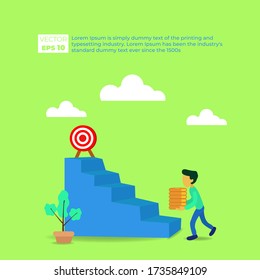 los hombres tratan de subir las escaleras con algunas monedas, financiar el rendimiento del concepto de rendimiento de la inversión ROI con signo de flecha hacia arriba. icono de símbolo dólar en vector de estilo plano