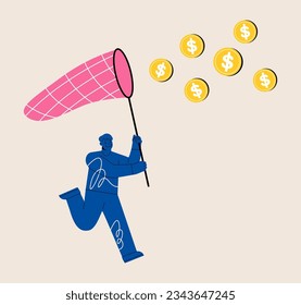 Men trying to catch money business concept. Colorful vector illustration
