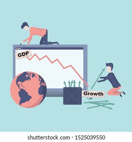 Men trying to change world GDP from decline to uptrend in laptop, flat vector design 