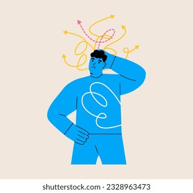 Men trying to make choice between different ways to solve problem. Person looking for best solution to problem. Uncertainty concept. Colorful vector illustration
