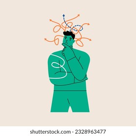 Men trying to make choice between different ways to solve problem. Person looking for best solution to problem. Uncertainty concept. Colorful vector illustration
