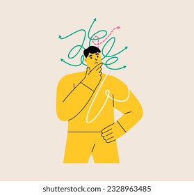 Men trying to make choice between different ways to solve problem. Person looking for best solution to problem. Uncertainty concept. Colorful vector illustration
