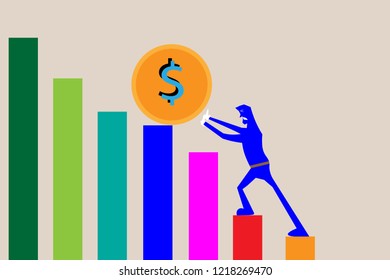 Men are trying to push for more Money and profits up the ramp. Business Concept. Creative vector illustration. cartoon. eps10 