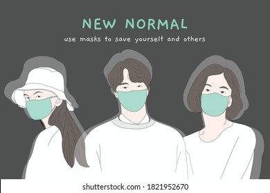 Men and two young women wear face masks and bucket hats. The new normal lifestyle of wearing face masks is now part of fashion. Vector illustration. 