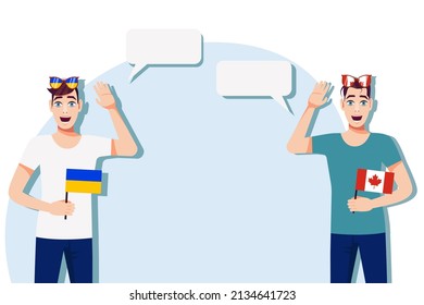 Men with Ukrainian and Canadian flags. The concept of international communication, education, sports, travel, business. Dialogue between Ukraine and Canada. Vector illustration.
