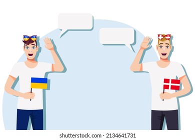 Men with Ukrainian and Danish flags. Background for the text. Communication between native speakers of the language. Vector illustration.