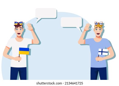 Men with Ukrainian and Finnish flags. The concept of international communication, education, sports, travel, business. Dialogue between Ukraine and Finland. Vector illustration.