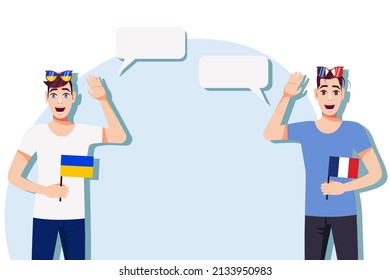 Men with Ukrainian and French flags. Background for text. Communication between native speakers of Ukraine and France. Vector illustration.