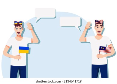 Men with Ukrainian and Malaysian flags. Background for text. Communication between native speakers of Ukraine and Malaysia. Vector illustration.