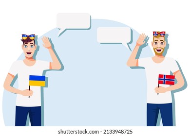 Men with Ukrainian and Norwegian flags. Background for text. Communication between native speakers of Ukraine and Norway. Vector illustration.