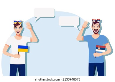 Men with Ukrainian and Serbian flags. Background for text. Communication between native speakers of Ukraine and Serbia. Vector illustration.