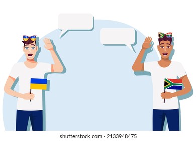 Men with Ukrainian and South African flags. The concept of international communication, education, sports, travel, business. Dialogue between Ukraine and South Africa. Vector illustration.