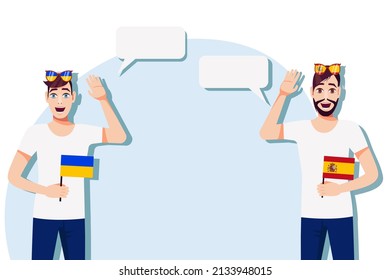 Men with Ukrainian and Spanish flags. Background for the text. Communication between native speakers of the language. Vector illustration.